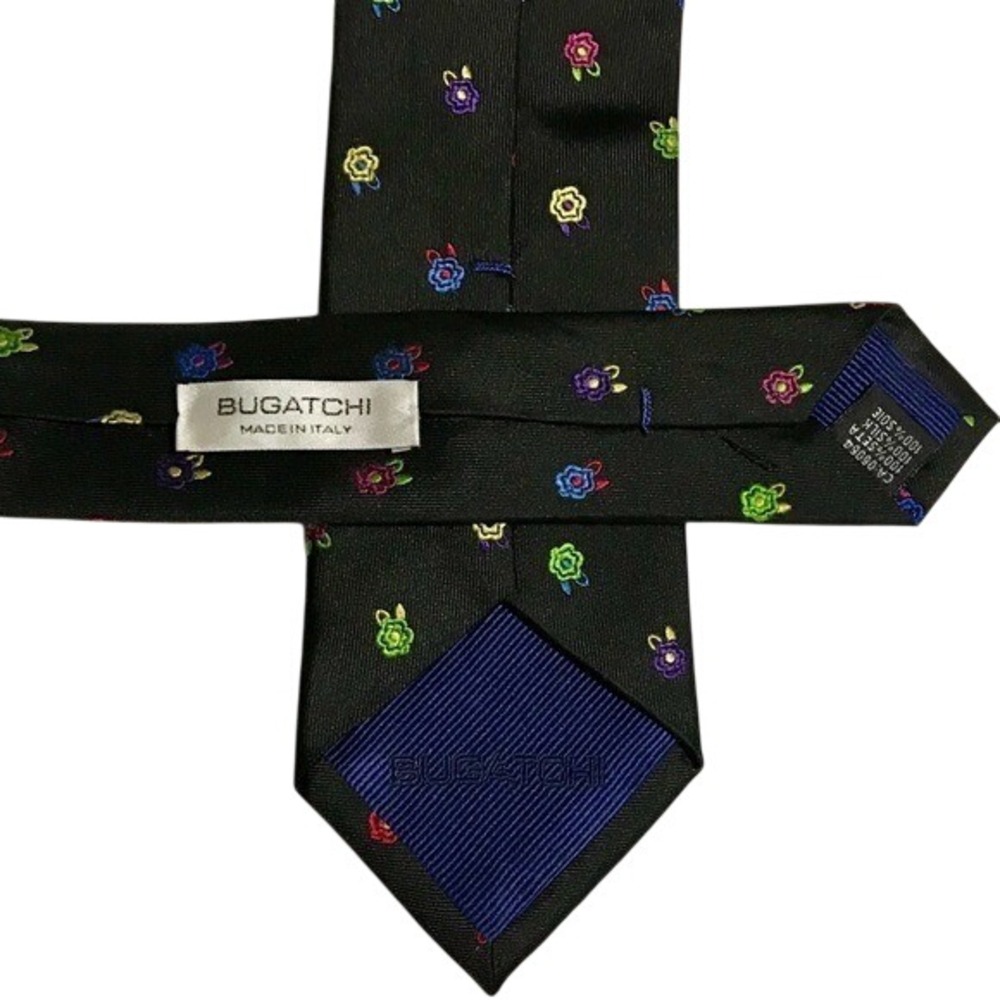 Bugatchi Mens Silk Tie Black Multi-Color Floral Embroidered Made in Italy - Picture 2 of 2